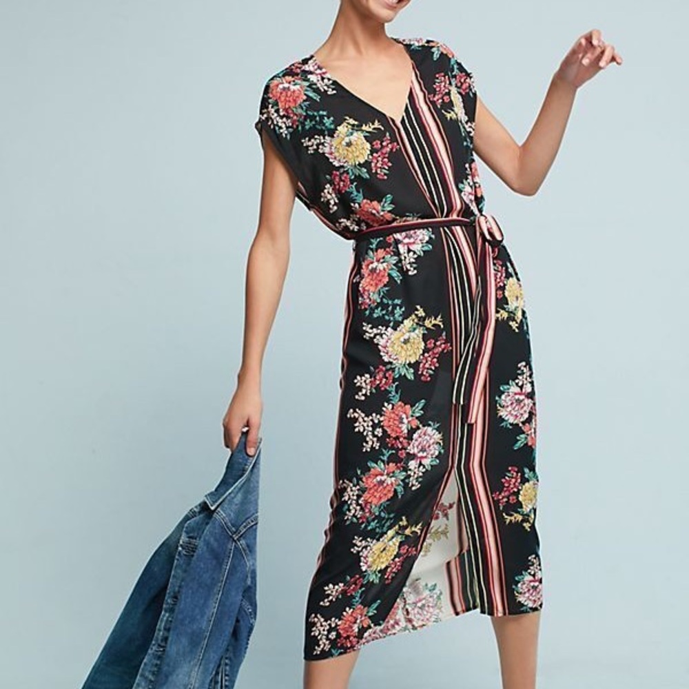 Anthropologie Black Floral Striped Maxi Dress
